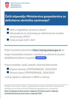Otvoreni javni poziv za Projekt „Stipendiranje učenika u obrtničkim zanimanjima“ za školsku godinu 2024./2025.
